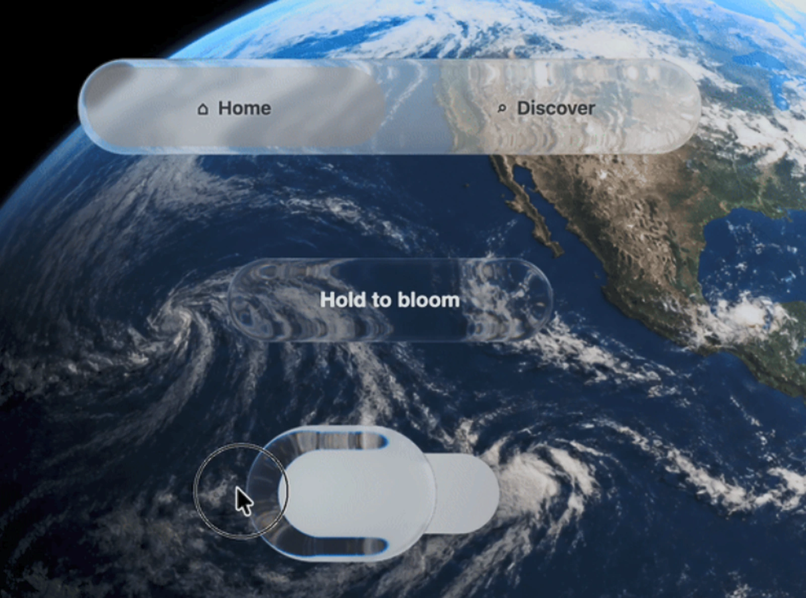 Liquid glass navigation and interaction demo over an Earth backdrop