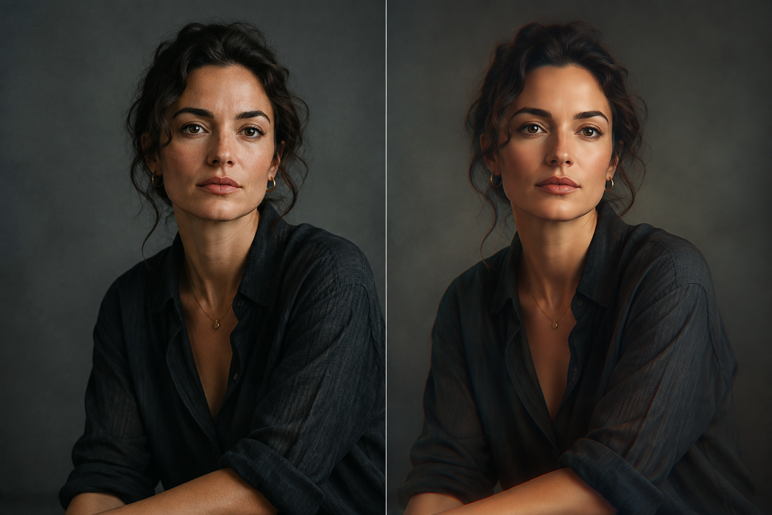 Split-screen comparison of a real photograph and an AI-generated portrait