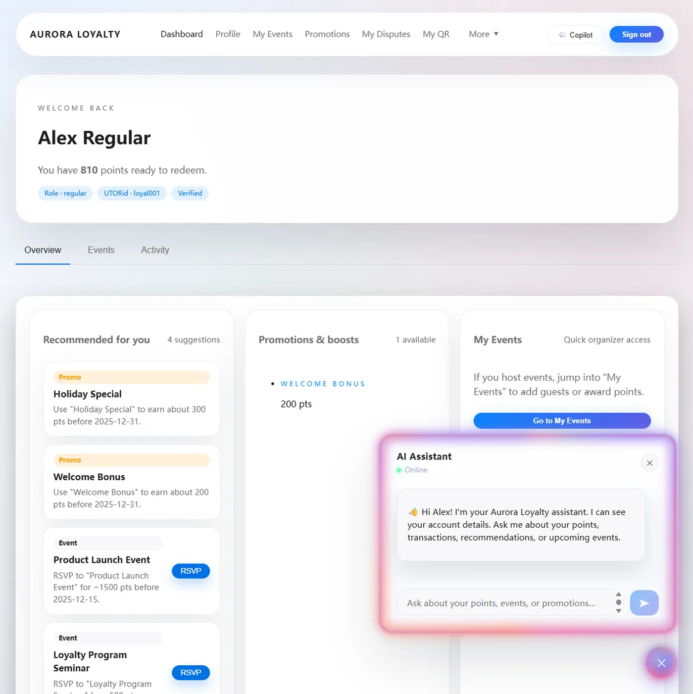 Aurora Loyalty dashboard with an AI assistant panel