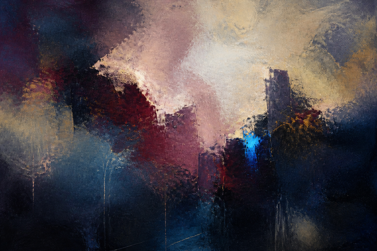 Abstract painting with layered indigo, burgundy, ochre, and rose brushwork
