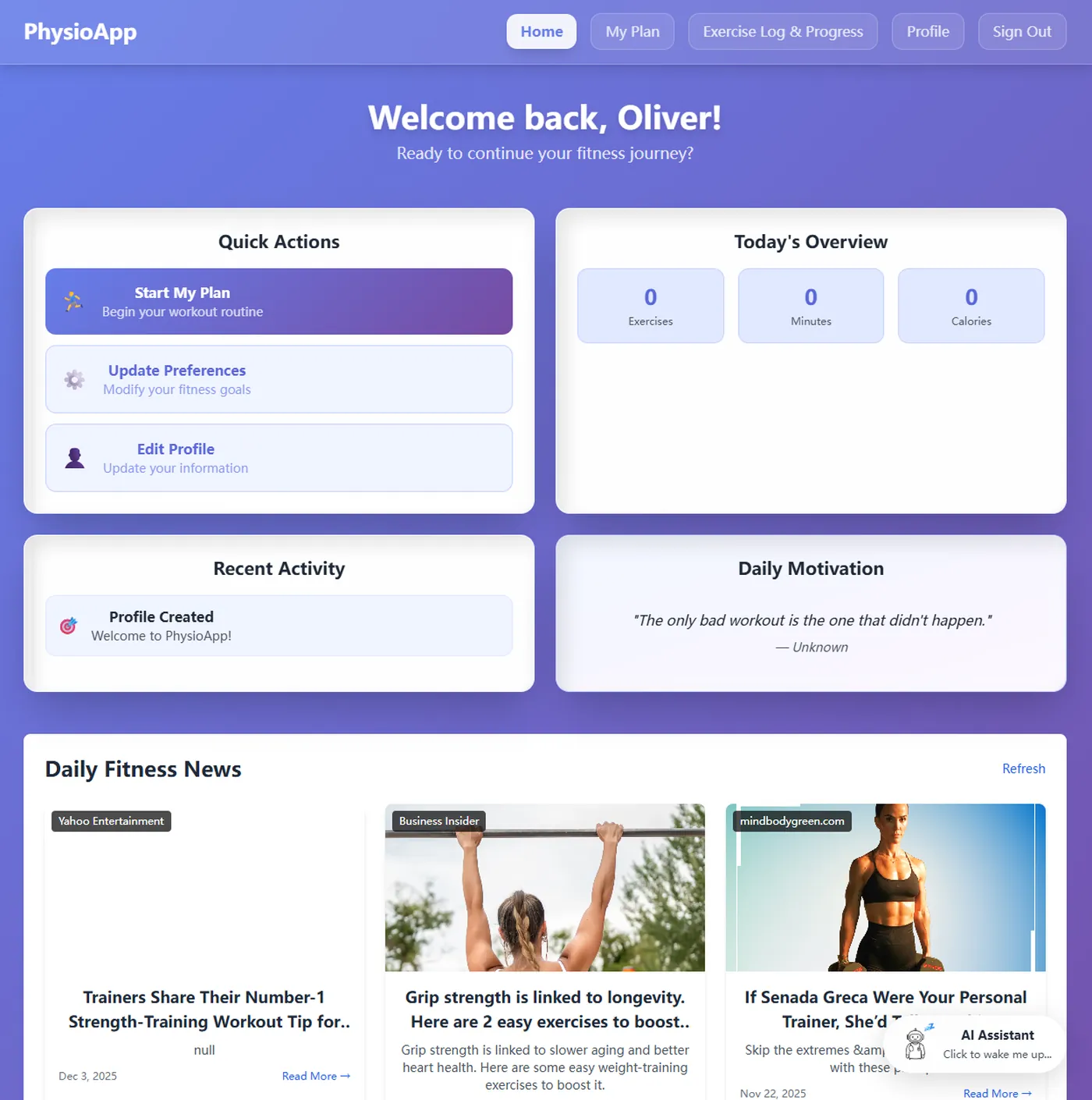 PhysioApp dashboard interface